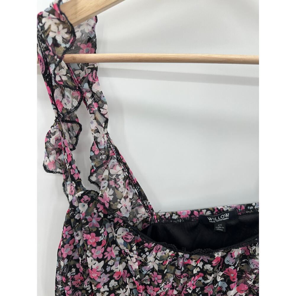 Willow Black Pink Microfloral Ruched Smock Ruffle Sleeve Tank‎ Top Women 2X NWT - Picture 4 of 8